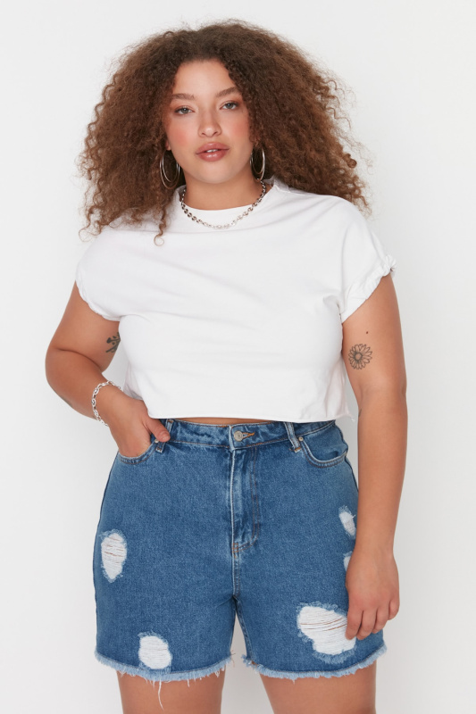Trendyol Curve Dark Blue High Waist Destroyed Denim Shorts &amp; Bermuda