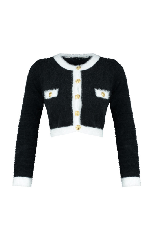Trendyol Black Super Crop Péřový úplet Cardigan