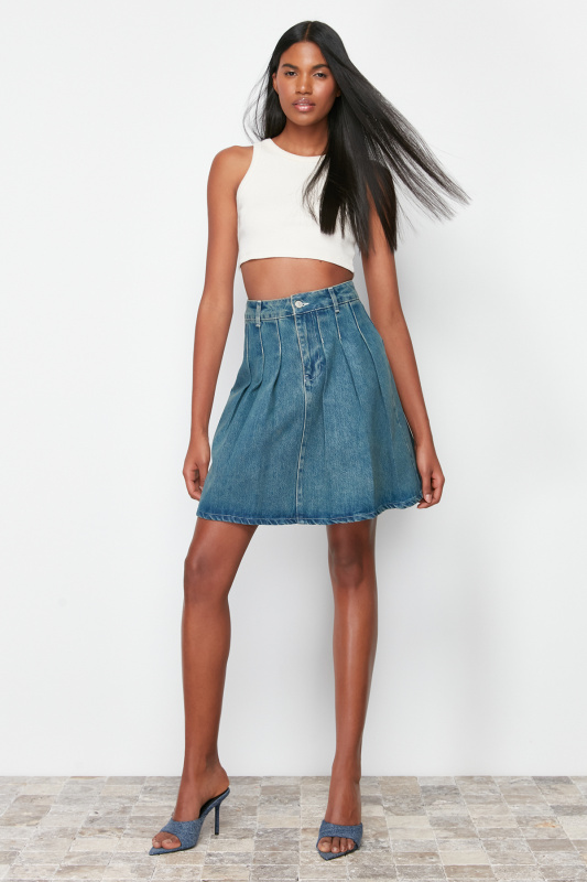 Trendyol Blue Pleated High Waist Mini Denim Skirt