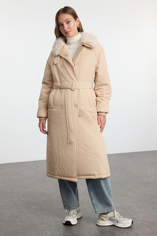 Trendyol Mink Oversize Molded Collar Plush Detail Belted Water Repellent Long Parka Puffer Coat