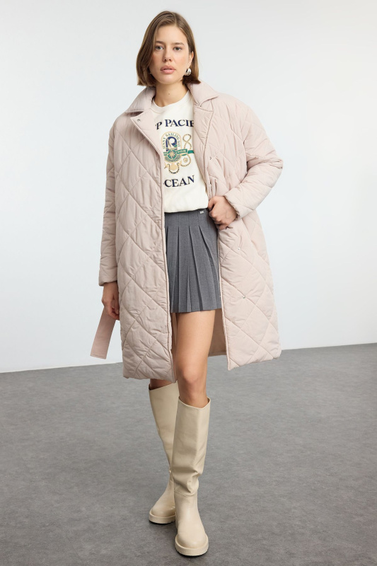 Trendyol Ecru Oversize Belted Long Quilted Puffer Coat