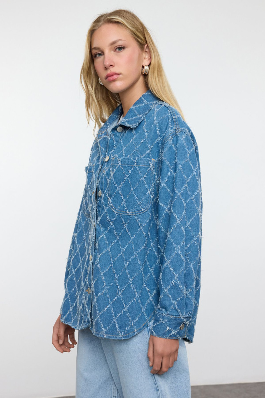 Trendyol Blue Textured Oversize Denim Shirt Jacket