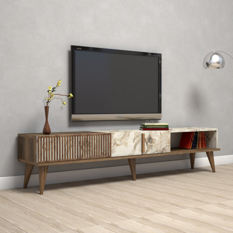 TV stolek Milan - Walnut, White Marble