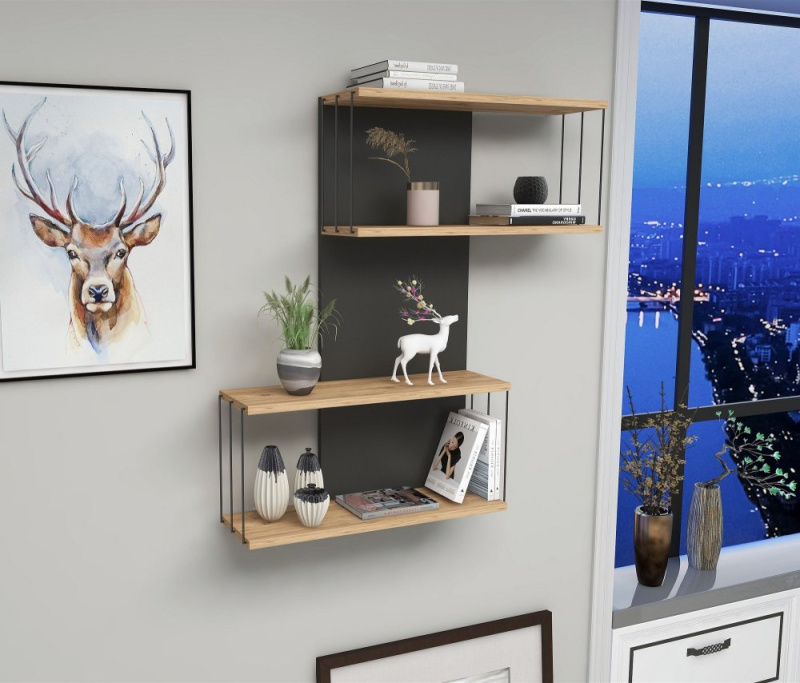 Nástěnná police Destan - Anthracite, Pine