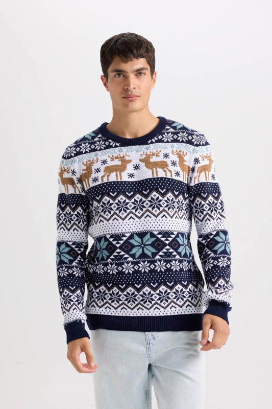 DEFACTO Standard Fit Christmas Themed Crew Neck Knitted Sweater