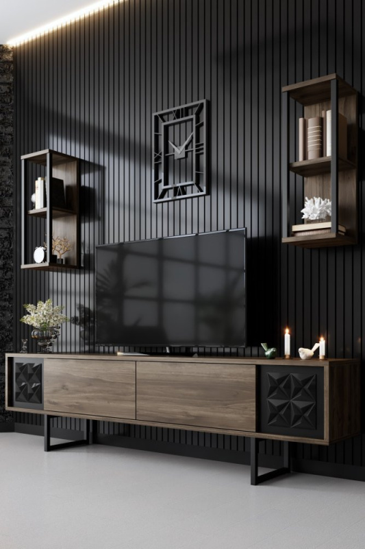 TV stěna / Sestava pod TV Black Line - Walnut, Black