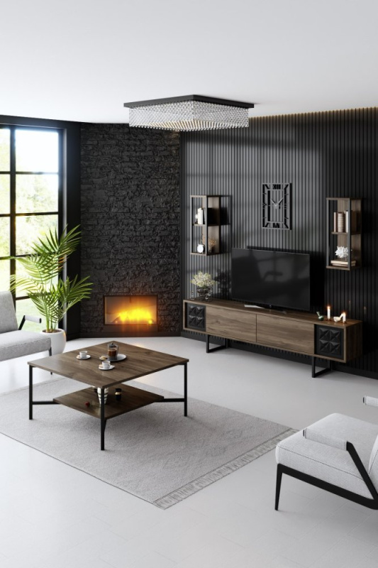 Living Room Furniture Set Black Line Set - Walnut, Black
