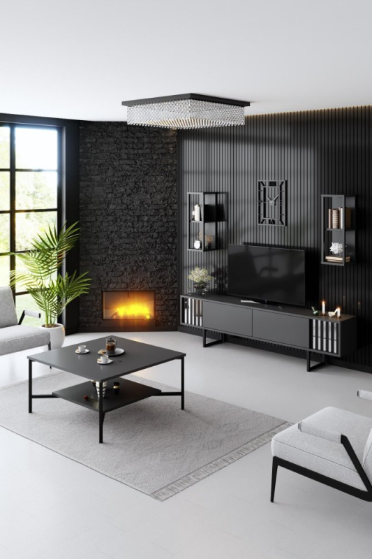 Living Room Furniture Set Chrome Line Set - Anthracite, Black