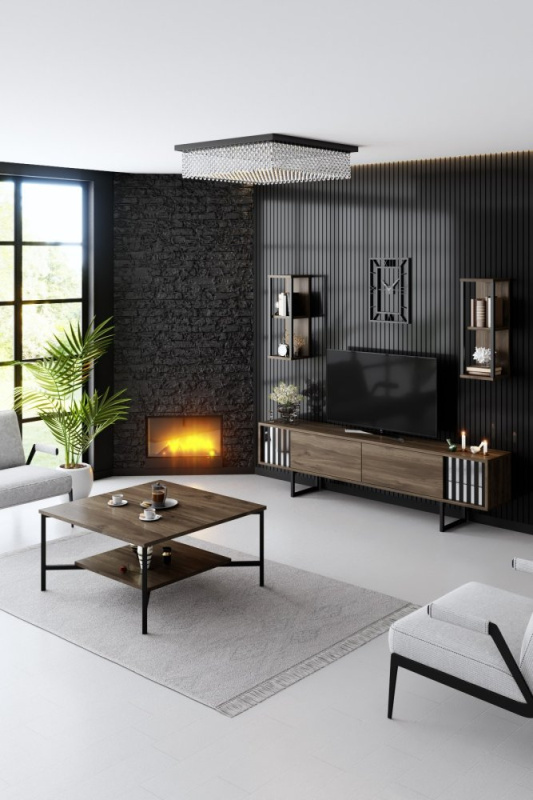 Living Room Furniture Set Chrome Line Set - Walnut, Black
