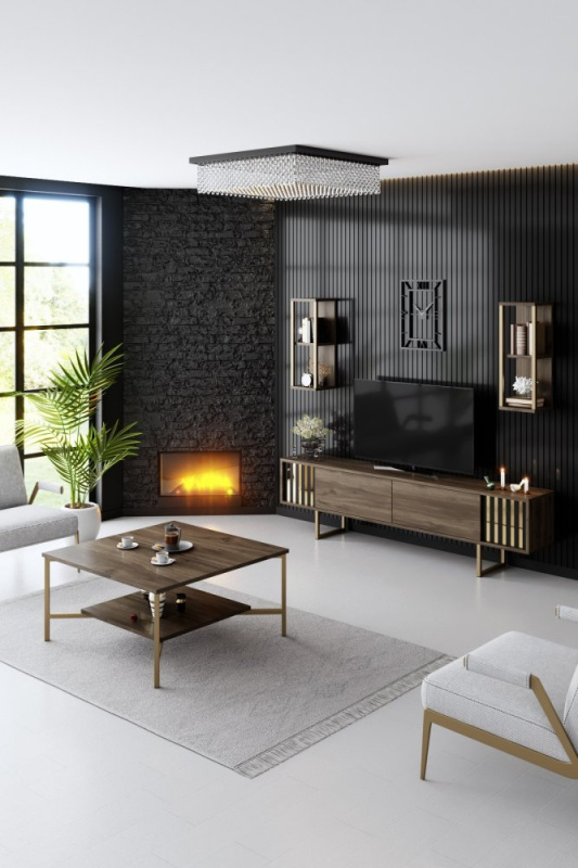 Living Room Furniture Set Gold Line - Walnut, Gold