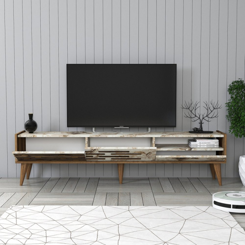 TV stolek Valensiya - Walnut, White, Marble