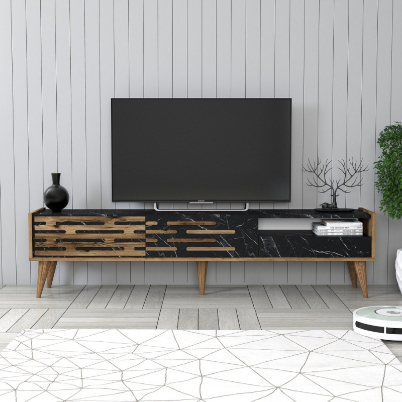 TV stolek Valensiya - Walnut, Black, Marble