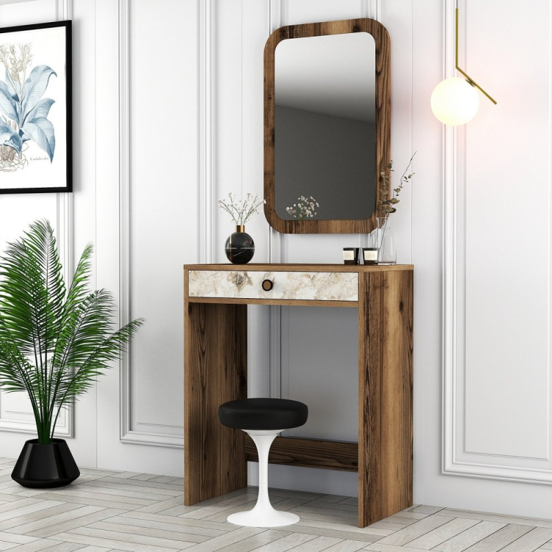 Toaletní stolek Lizbon Mirror - Walnut, White, Marble