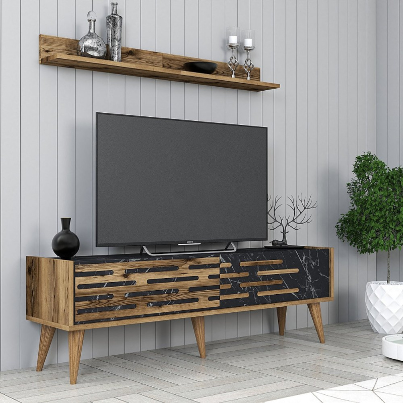 TV stěna / Sestava pod TV Valensiya 140 - Walnut, Black, Marble