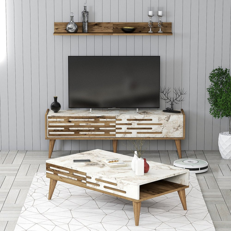 Living Room Furniture Set Valensiya 140 - Walnut, White, Marble