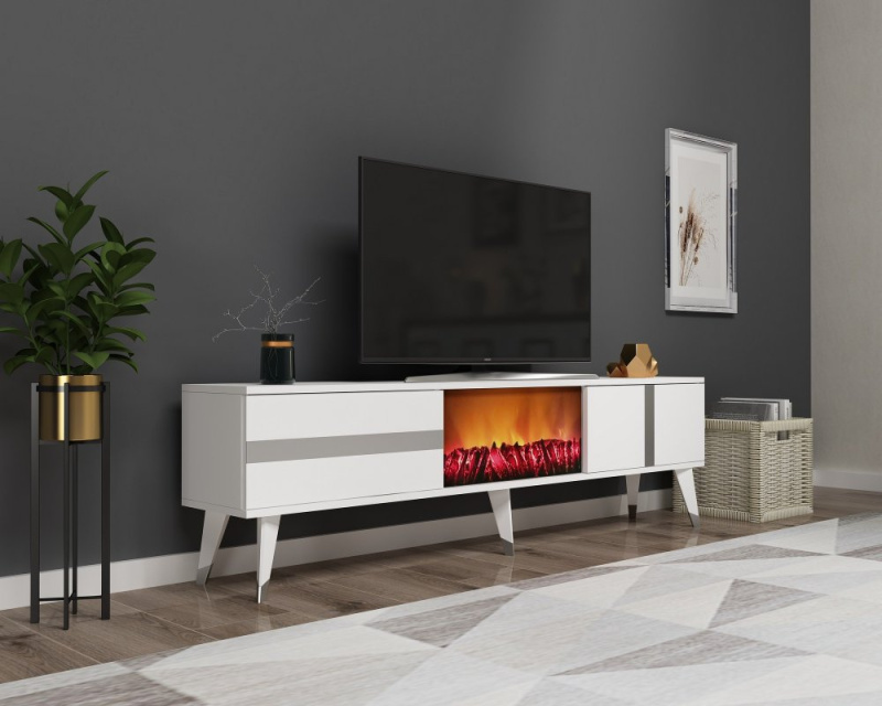 TV stolek Vania Fireplace - White, Silver