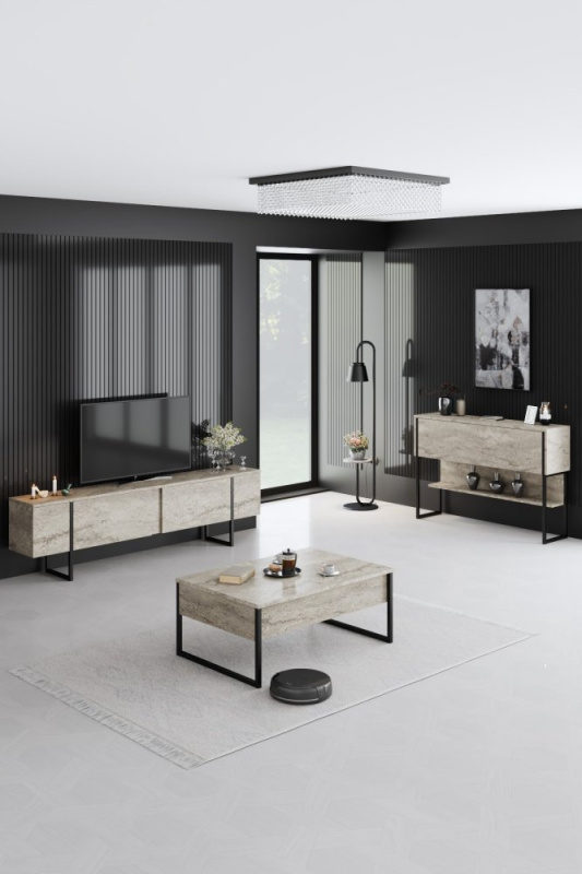 Living Room Furniture Set Luxe Set - Travertine, Black