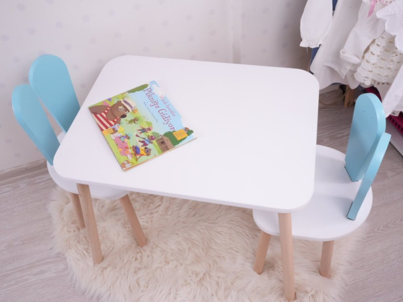 Kid's Table Set Bunny Two Chair Set - Baby Blue, White