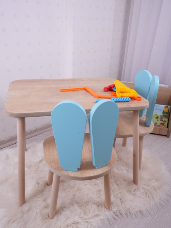 Kid's Table Set Bunny Two Chair Set - Baby Blue, Brown