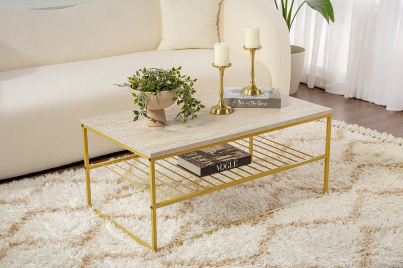 Konferenční stolek Asude - Gold, Travertine