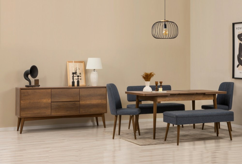 Set s rozkládacím stolem, židlemi a konzolou (6 kusů) Vina Bench 04 1048 - Walnut, Dark Blue