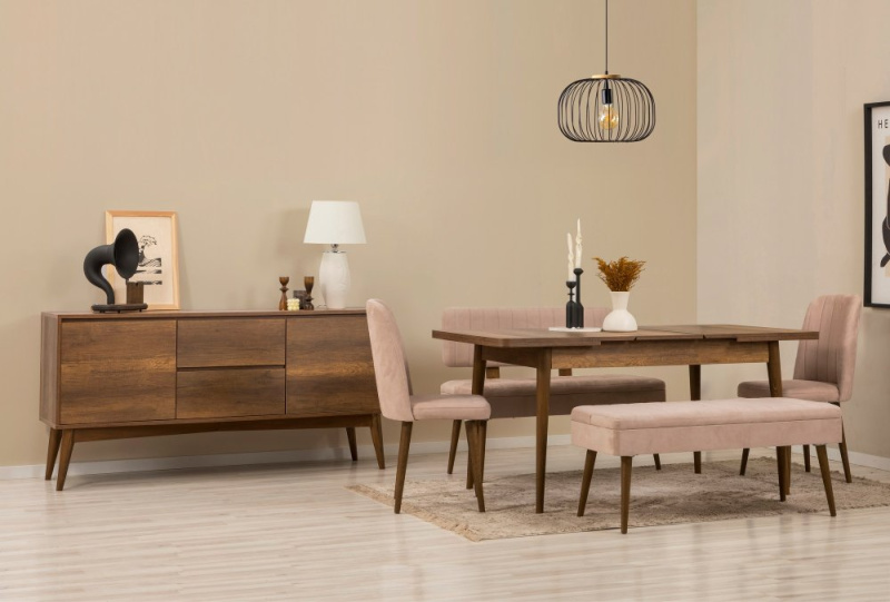 Set s rozkládacím stolem, židlemi a konzolou (6 kusů) Vina Bench 04 0900 - Walnut, Stone