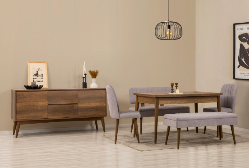 Set s rozkládacím stolem, židlemi a konzolou (6 kusů) Vina Bench 04 0701 - Walnut, Grey