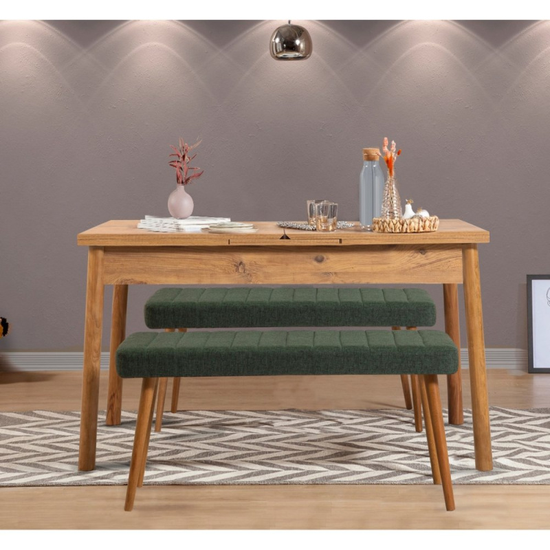 Jídelní set s rozkládacím stolem a lavicí (3 kusy) Santiago 1070 - Atlantic Pine, Green