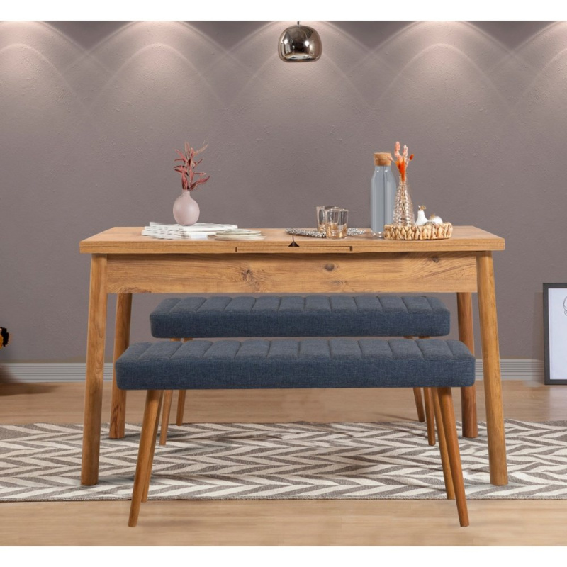 Jídelní set s rozkládacím stolem a lavicí (3 kusy) Santiago 1048 - Atlantic Pine, Dark Blue