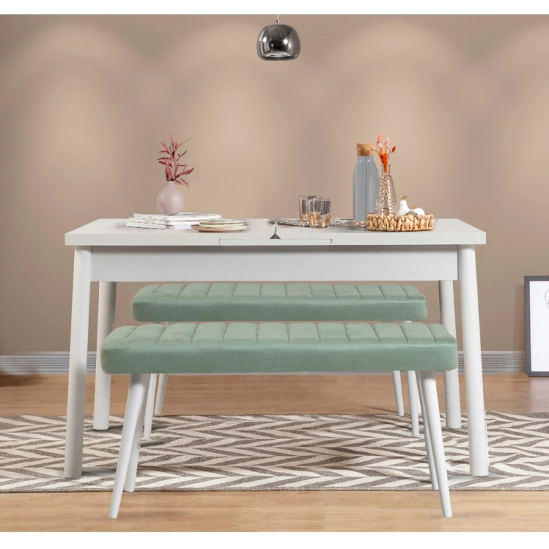 Jídelní set s rozkládacím stolem a lavicí (3 kusy) Santiago 0400 - White, Green