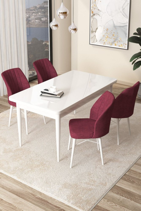 Dining Table & Chairs Set (5 Pieces) Arp - White, Burgundy