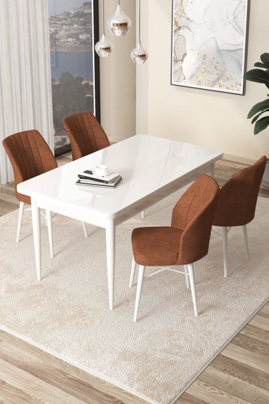 Dining Table & Chairs Set (5 Pieces) Arp - White, Tile Red