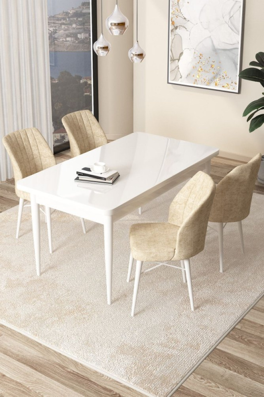 Dining Table & Chairs Set (5 Pieces) Arp - White, Cream