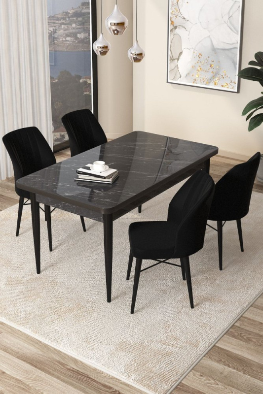 Dining Table & Chairs Set (5 Pieces) Arp - Black Marble, Black