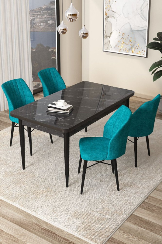 Dining Table & Chairs Set (5 Pieces) Arp - Black Marble, Turquoise