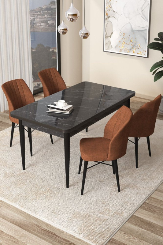 Dining Table & Chairs Set (5 Pieces) Arp - Black Marble, Tile Red