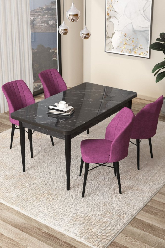 Dining Table & Chairs Set (5 Pieces) Arp - Black Marble, Purple