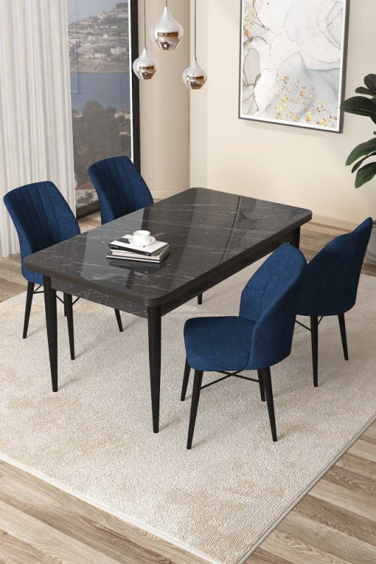 Dining Table & Chairs Set (5 Pieces) Arp - Black Marble, Navy Blue