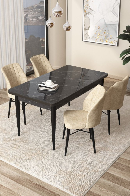 Dining Table & Chairs Set (5 Pieces) Arp - Black Marble, Cream
