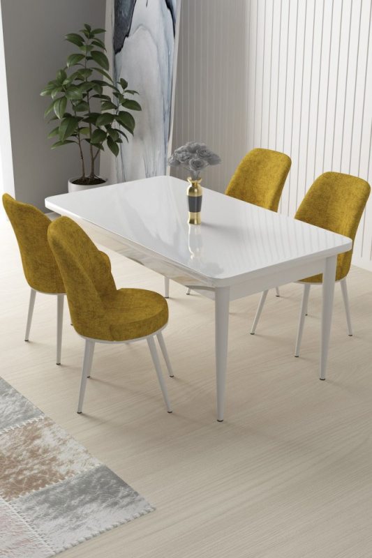 Dining Table & Chairs Set (5 Pieces) Nil - White, Mustard