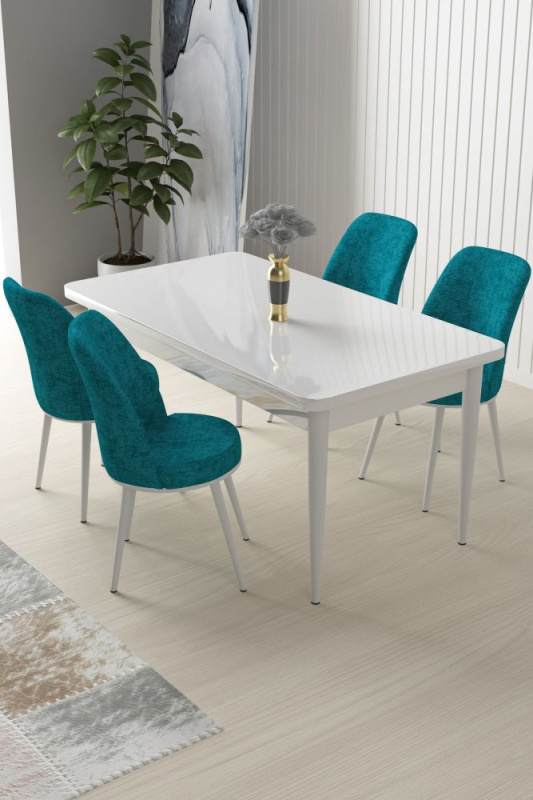 Dining Table & Chairs Set (5 Pieces) Nil - White, Turquoise