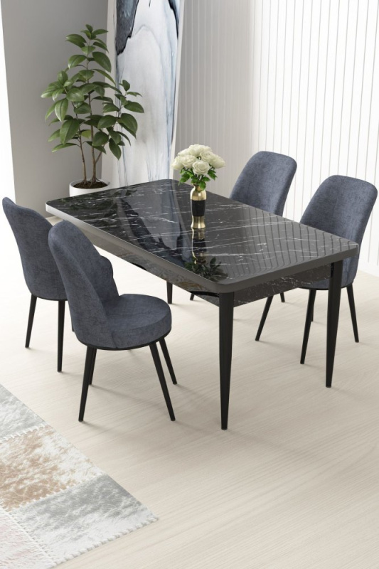 Dining Table & Chairs Set (5 Pieces) Nil - Black Marble, Fume