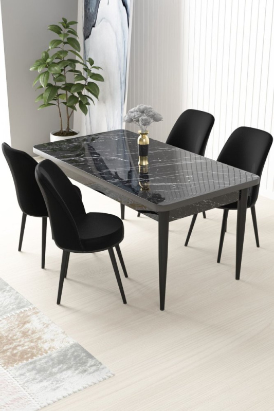 Dining Table & Chairs Set (5 Pieces) Nil - Black Marble, Black