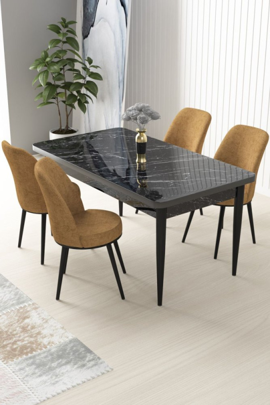 Dining Table & Chairs Set (5 Pieces) Nil - Black Marble, Cappuccino