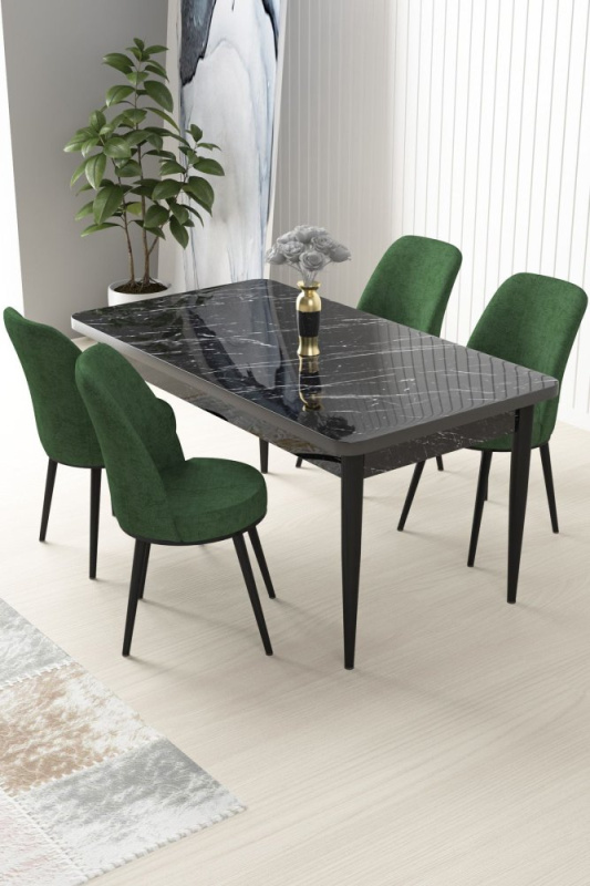 Dining Table & Chairs Set (5 Pieces) Nil - Black Marble, Khaki