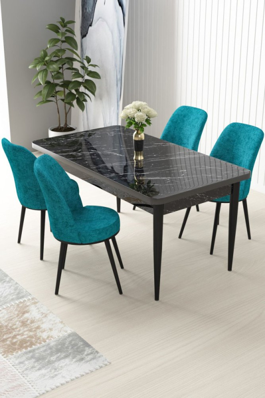 Dining Table & Chairs Set (5 Pieces) Nil - Black Marble, Turquoise