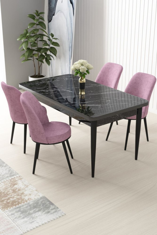 Dining Table & Chairs Set (5 Pieces) Nil - Black Marble, Pink