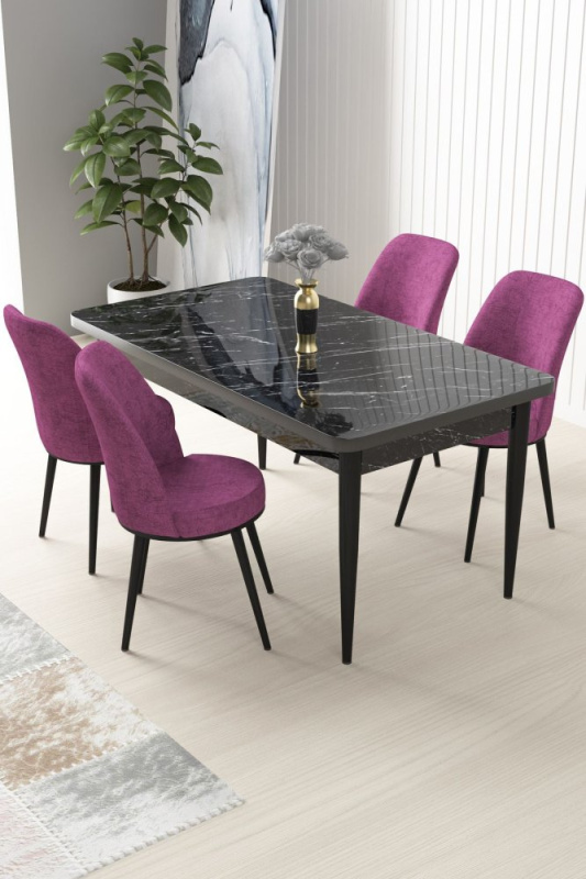 Dining Table & Chairs Set (5 Pieces) Nil - Black Marble, Purple
