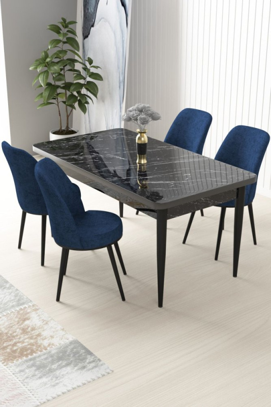 Dining Table & Chairs Set (5 Pieces) Nil - Black Marble, Navy Blue