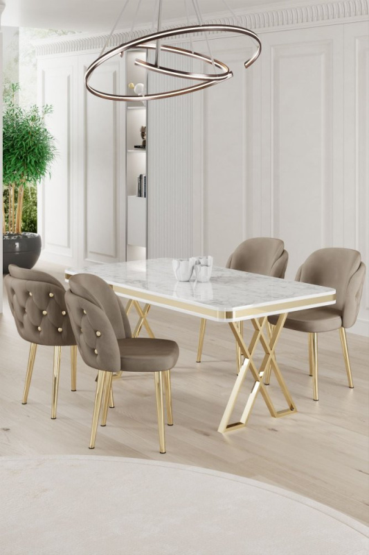 Dining Table & Chairs Set (5 Pieces) Rigel - White, Gold, Cappuccino
